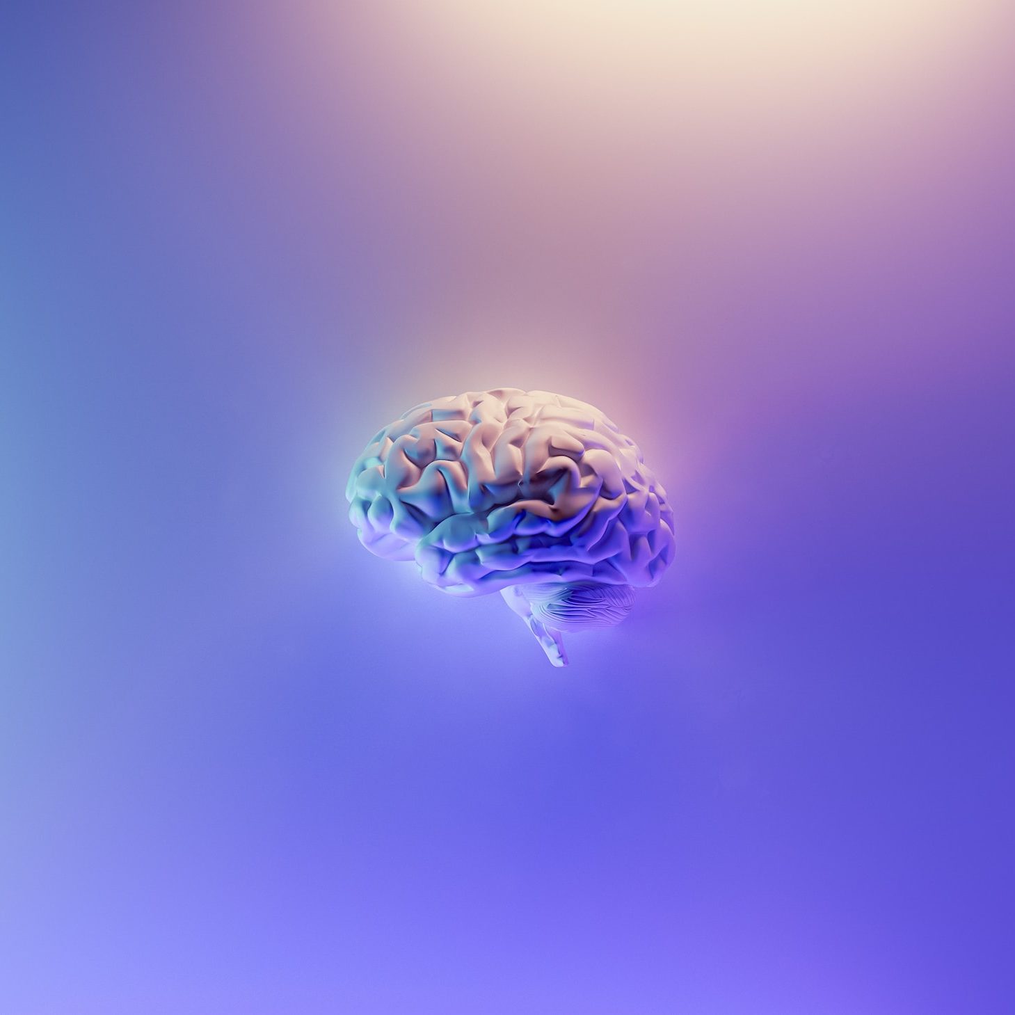 A brain floats in the center of a gradient purple background