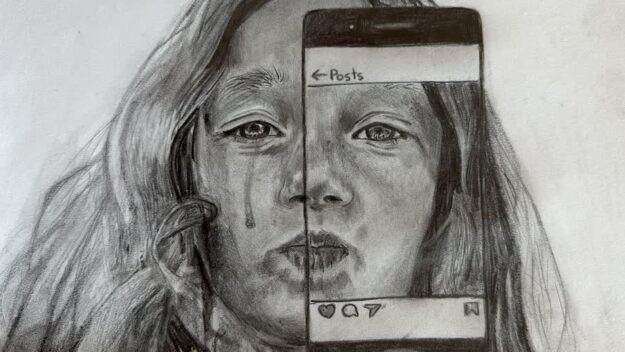 Eighth-grader Ishita Gaikwad’s graphite pencil drawing of a girl on Instagram with a tear stain on her face.