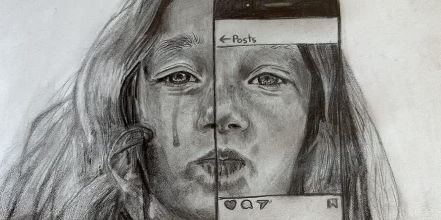 Eighth-grader Ishita Gaikwad’s graphite pencil drawing of a girl on Instagram with a tear stain on her face.