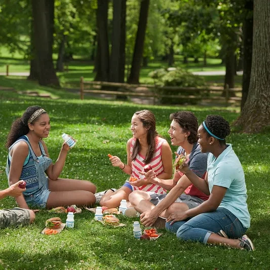 A group of young friends have an informal picnic on the grass.